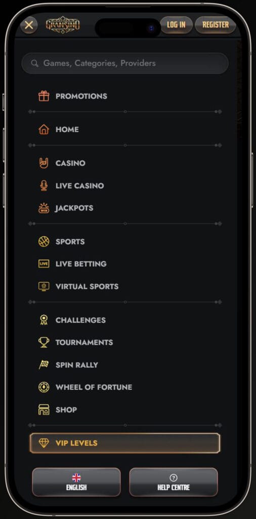 menu mobile app gransino casino
